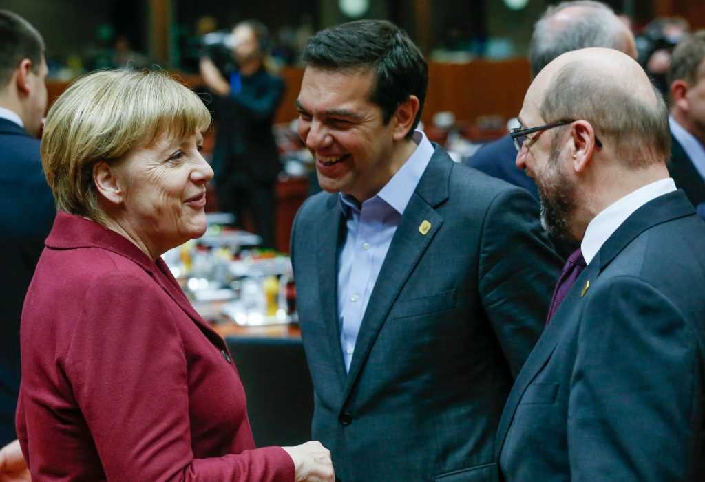 Germany's Chancellor Angela Merkel, Greece's Prime Minister Alexis Tsipras and European Parliament President Martin Schulz attend a EU Summit at the European Council headquarters in Brussels